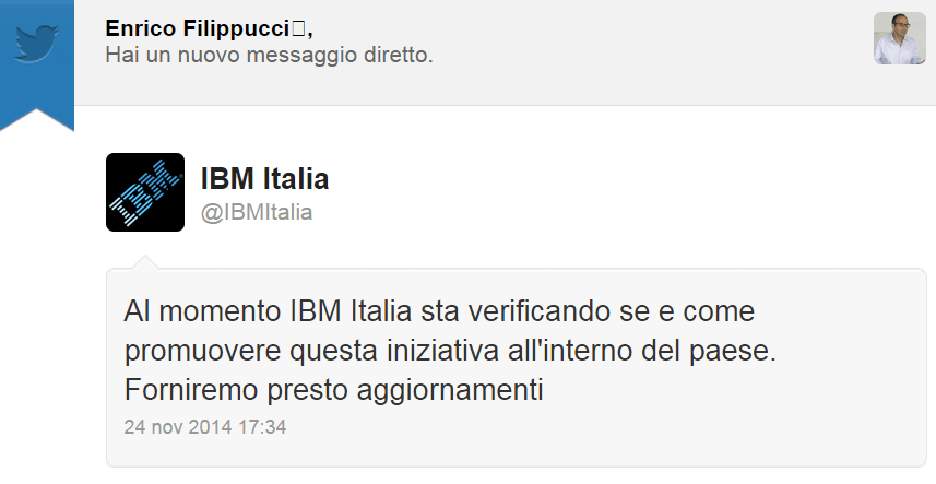 IBM Italia ti ha inviato un messaggio diretto su Twitter