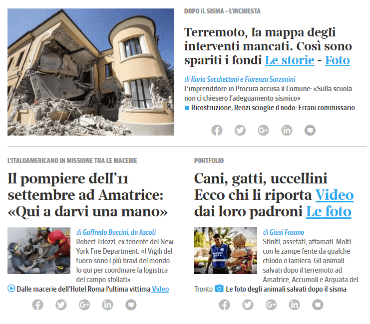 Sito Corriere della Sera 1° settembre 2016 terremoto Lazio