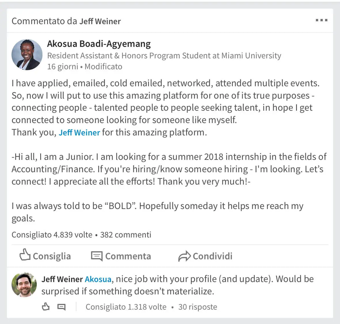 Esempio di Autocandidatura di successo su Linkedin