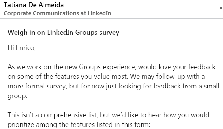 Messaggio che mi è arrivato dalla Corporate Communication di Linkedin